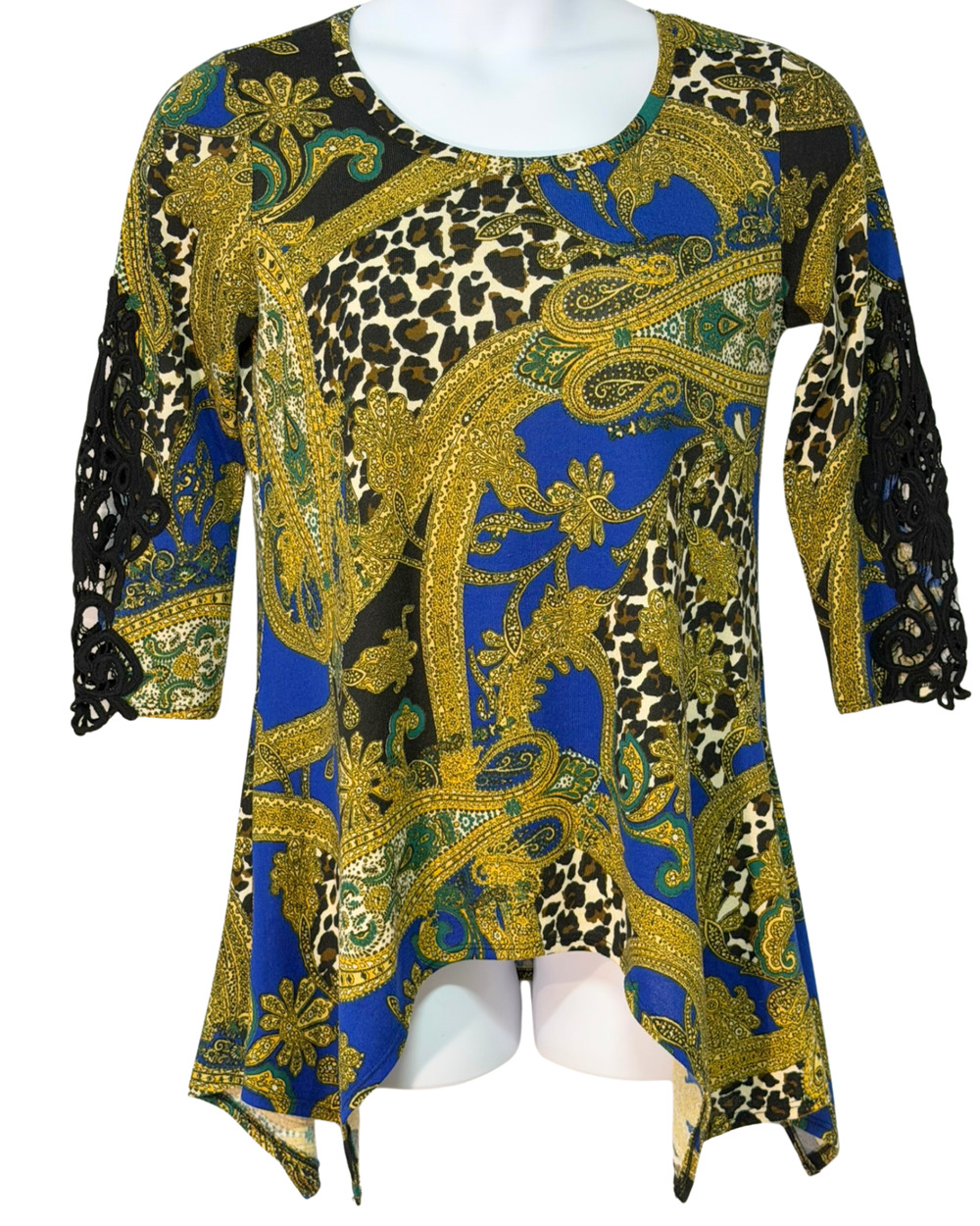 Melissa Paige Sz L Tunic Top Handkerchief Hem Navy Gold Light Sweater Knit Boho